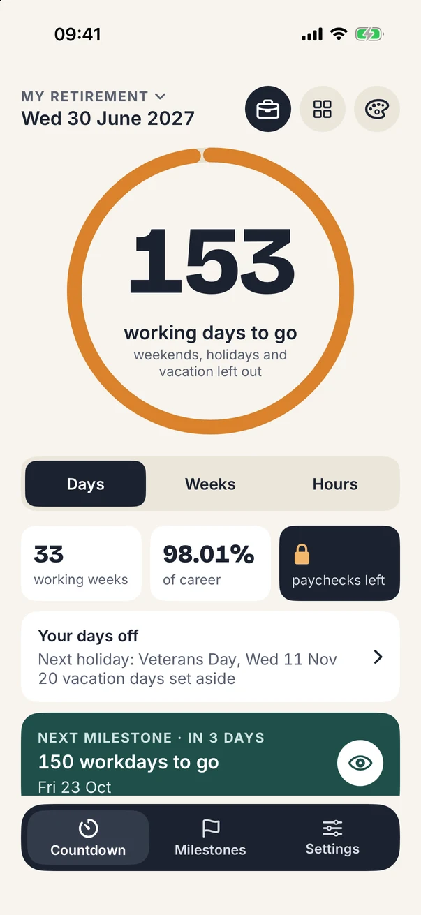 The Last Clockout Countdown tab: 153 working days to go until Wed 30 June 2027, with weekends, holidays and vacation left out.